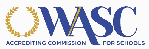 Logo of the Western Association of Schools and Colleges (WASC) Accrediting Commission for Schools, featuring a circular laurel wreath in gold with the acronym 'WASC' in large blue letters.