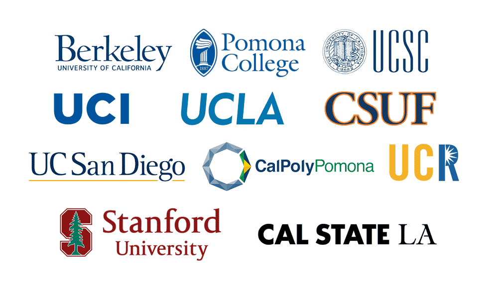Logos of various universities in a row, from left to right: University of California, Berkeley; University of California, Irvine; University of California, Los Angeles; California State University, Fullerton; University of California, Riverside; University of California, San Diego; California State Polytechnic University, Pomona; University of Southern California; University of California, Santa Cruz; Pomona College; Stanford University; California State University, Los Angeles.